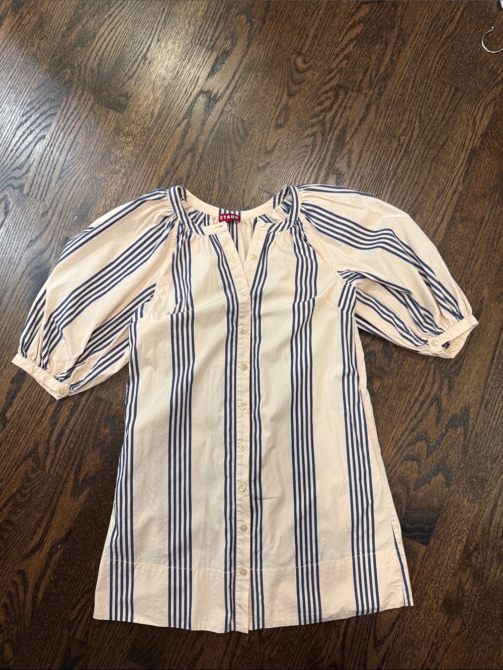 STAUD Cream and Navy Striped Button-Down Tunic Dress